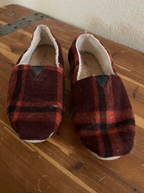 TOMS Red and Black Plaid Slip-On with Fleece Lining